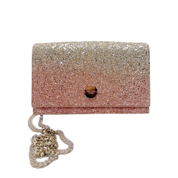 Jimmy Choo Ombré Pink Flamingo Platinum Lizzie Mini Glitter Clutch Shoulder Bag - Picture 1 of 14